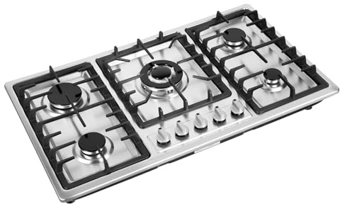 33.86 Inch Gas Cooktop, 5 Burners Built-In Stove Top, Stainless Steel Kitchen Cooker Hob with Automatic Flame Failure Protection & Push-button Rotary Switch for Homes Restaurants