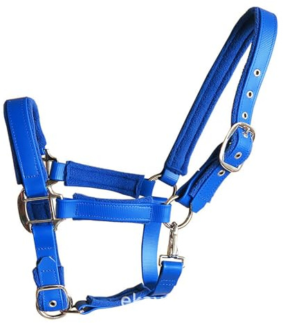 Cabestro acolchado y ajustable con herrajes satinados, cabestros de cuero y cuerda para caballos (azul, S)