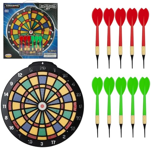 PMS 14 Inch Soft Tip Dartboard Set – Plastic Tip Dart Board with 6 Darts & Spare Tips – Safe Indoor Game for Teens & Adults