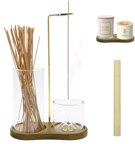 Cyiecweu 3 in 1 Räucherstäbchen Halter, Umgedrehter Holz Basis Räucherstäbchenhalter mit Abnehmbarem Glas Aschefänger und 40 Räucherstäbchen für Meditation, Schlaf, Yoga und Aromatherapie