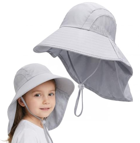 Zouwel Toddler Kids Bucket Sun Hat,UPF 50+ UV Wide Brim Summer Beach Hat with Neck Flap,Adjustable Drawstring & Chin Strap for Boys Girls (Grey)