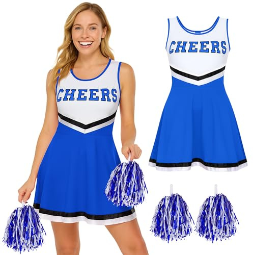 Cheerleader Outfit with Pom Poms - Fancy Dress Costume for Women - High School Cheerleading Dress - Halloween