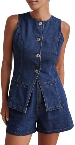 Prterver Conjunto de 2 Piezas de Mezclilla para Mujer, Informal, de Negocios, Sin Mangas, Blazer, Chaleco, Top y Pantalones Cortos, Conjunto de Chándal Oscuro S