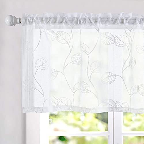 Topick White Sheer Leaf Curtain Kitchen Valance for Windows Leaf Embroidered Voile Small Curtain Valance Semi Sheer Farmhouse Curtain 18 Inch Rod Pocket 1 Panel White