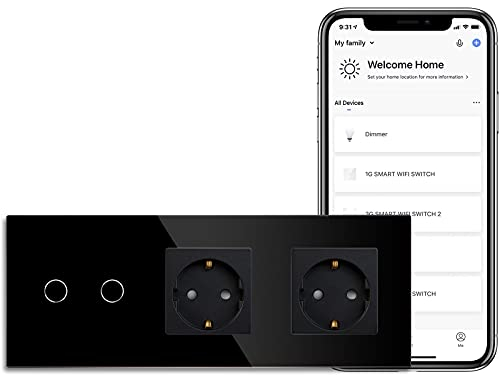 BSEED WLAN Lichtschalter(Neutralleiter Erforderlich), 2 Fach 1 Weg Schalter mit 2 Non-Wifi Steckdose aus Glas, Wifi Schalter Kompatibel mit Alexa/Tuya/Google Home/SAMRT LIFE, Schwarz