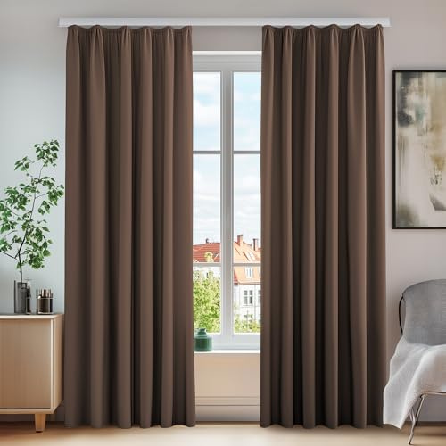 Deconovo Set med 2 värmeisolerade termiska mörkläggningsgardiner, fönstergardin för sovrum, kök, vardagsrum, 140 x 138 cm, brun