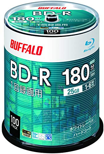 Buffalo RO-BR25V-100PW/N BD-R Blue-Ray Discs, 25 GB, 100 Sheets, Spindle, Single Sided Layer, 1-6x Speed, White Label