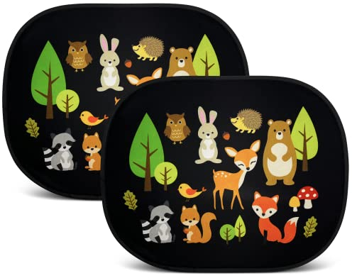 HECKBO 2X Auto Sonnenblende mit 8 Saugnäpfen - Waldtiere Tiere Motiv - 44x36cm - Auto Fenster Seitenfenster Sonnenschutz Autosonnenblende Seitenscheibe - mit Tasche - für Baby Kinder Mädchen Jungen
