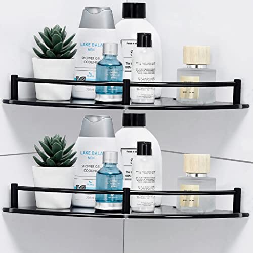 Halyuhn Bathroom Corner Shower Caddy, 9.5 Tempered Glass Bathroom Shelves for Wall Mounted, 2 Tier Glass Shower Caddy Organizer and Storage, Clear Corner Shelf wtih Black Rustproof Rail
