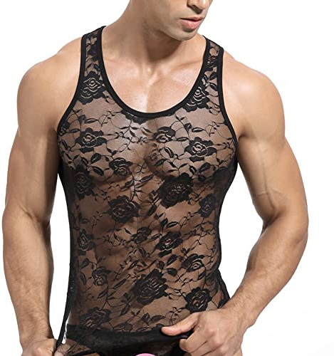 Hommes sous-vêtement Dentelle Florale Maillot Corps Gilets Sport Haut Maille Transparente Voir à Travers Chemise Musclée Haut Court Tricot Corps Vêtement Sport 1# Noir Medium