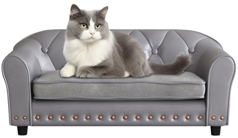 Yoonnie room Dog Couch,Puppy Bed,Cat Sofa,Cat Couch,Pet Sofa,Dog Chair,Small Pet Bed,with Copper Nail and Wooden Frame, Leather Fabric and Cushion,for Small Animals Using (Grey)