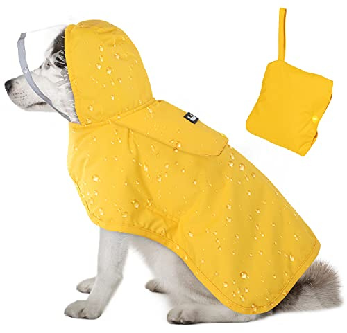Lukovee Dog Raincoat, Adjustable Dog Rain Jacket with Clear Hooded Double Layer for Large Medium Small Dogs Puppies, Waterproof Rain Coat Poncho with Reflective Storage Pocket & Rim (Yellow, L)