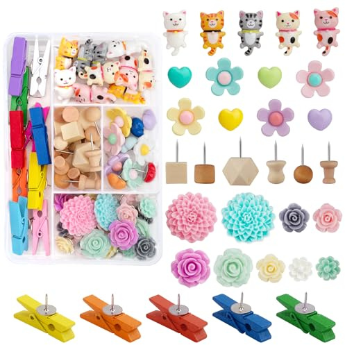 72PCS Push Pins Cute Cat Thumb Tacks Decorative Push Pins Wood Pin Board Tacks Assorted Colors Flower Push Pin Clips for Cork Board Wall Cubicle Accessories for Home Office Cute Desk Accessories