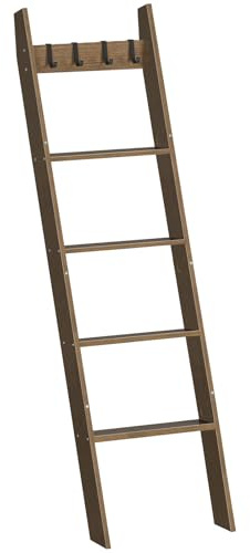 HOOBRO Towel Ladder for Living Room and Bedroom, 5-Tier Wall Leaning Towel Rack for Bathroom, Decorative Ladder Shelf with 4 Removable Hooks, Farmhouse Blanket Storage, Mocha EMA51CJ01G1