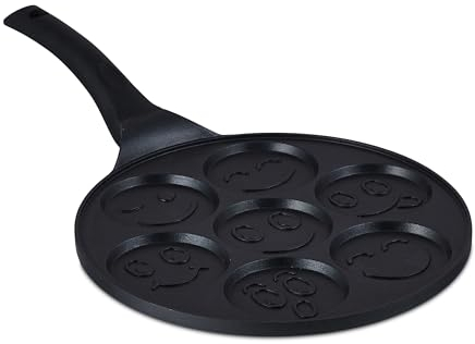 Relaxdays Pancake Pfanne mit Gesichtern, 7 Mulden, Ø je 8 cm, induktionsgeeignet, Aluminium, Pfannkuchenpfanne, schwarz