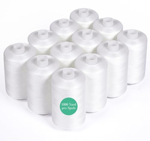 Lot de 12 fils à coudre, blancs de 1000 m, pour machine à coudre, polyvalents, pour machine à coudre, couture à la main