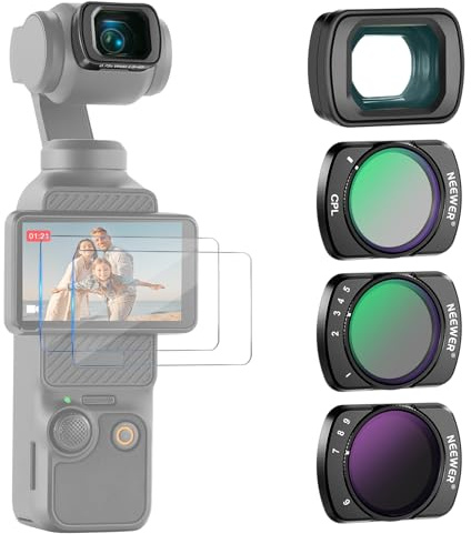 Neewer Variabel ND-filteruppsättning kompatibel med DJI Osmo Pocket 3 Creator Combo tillbehör med 180° 0,75X vidvinkelobjektiv och skärmskydd, variabel ND2-32 + ND64-512 + CPL-filter, FL-B15