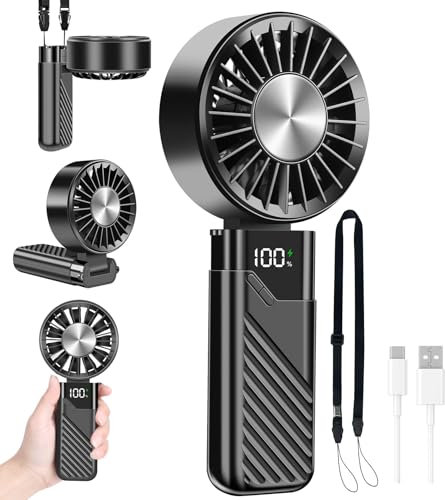 Feebee Ventilateur Portable, Mini Ventilateur à Main USB Petit Ven-tilateur de Rechargeable de Poche 5 Vitesse 5200mAh Extérieur Batterie Hand Fan pour Bureau,Voyages,Maquillage,Camping(Noir)