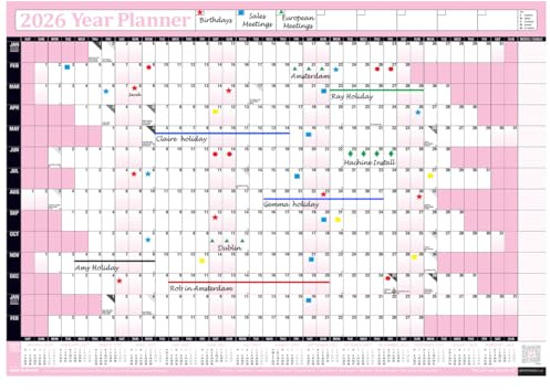 2026 Year Yearly Annual Office Home Wall Planner Calendar Chart Poster/Includes UK & Ireland Bank Holidays/Unmounted Unlaminated (Baby Pink, Extra Large 68cm x 100cm - Rolled)