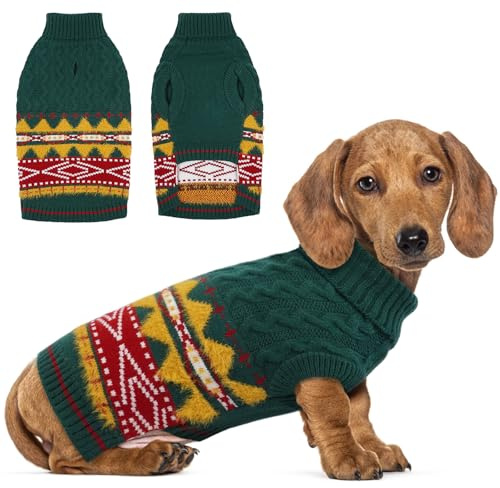 Hjumarayan Fair Isle Dog Jumper - Winter Knit Sweater with Harness Hole Stretchy Easy On/Off Christmas Jumper for Small Medium Dogs(2–54LB), Warm Shih Tzu Clothes Green M