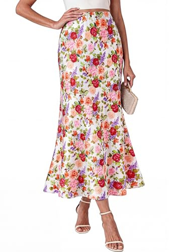 BTFBM Midi Skirts for Women 2026 Summer Spring Lightweight A Line High Waisted Wedding Guest Party Silk Long Skirt(Floral White Multicolored, Small)