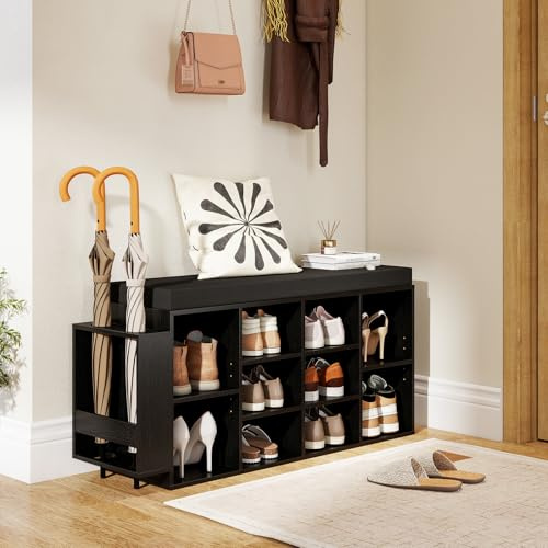 GIANTEX Panca Porta Scarpe con Porta Ombrelli, Organizzatore con Seduta Imbottita, 10 Cubi e Ripiani Regolabili, Scaffale Scarpe Industriale in Legno per Ingresso, Soggiorno, Camera da Letto (Nero)