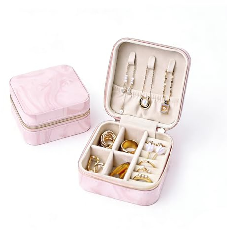 Joyero de viaje pequeño joyero para mujer, almacenamiento de joyas con estilo, organizador de joyas portátil para pendientes, collares, anillos, pulseras (Rosa)
