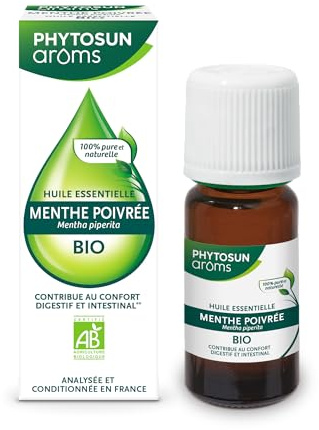 PHYTOSUN AROMS - Huile Essentielle Menthe Poivrée Bio - HEBBD - 100% Pure & Naturelle - 100% Bio - Contribue au Confort Digestif et Intestinal - Analysée & Conditionnée en France - 10 ml