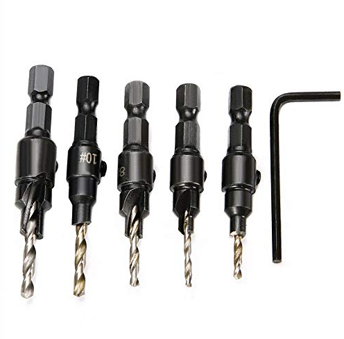 BE-TOOL Juego de brocas avellanadas de 1/4 pulgadas con vástago hexagonal de cambio rápido para madera con 1 llave hexagonal pequeña para carpintería (paquete de 5)