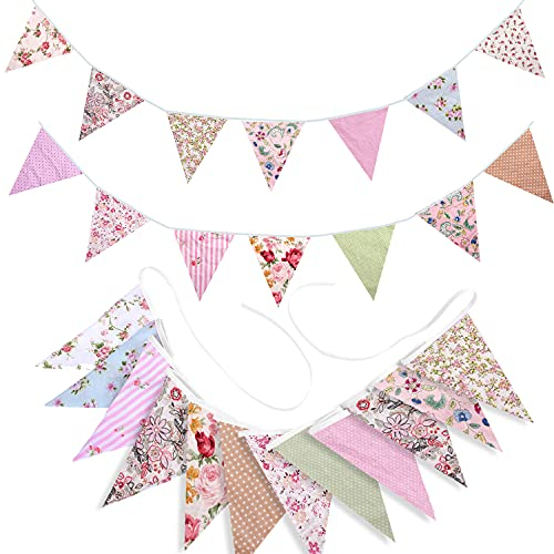 FUNVCE Wimpelkette Stoff Girlande, 12M 42pcs Wimpelkette Outdoor Vintage Wimpel Girlande für Mädchen Babyparty und Kinderzimmer Deko Hochzeits Geburtstag Party