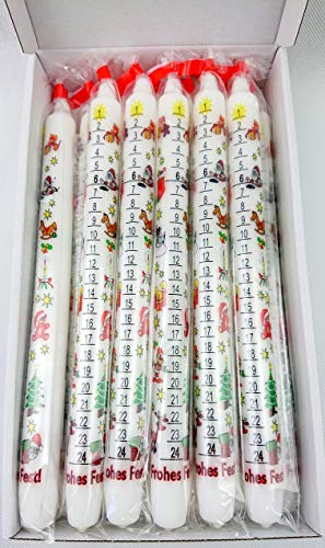 12 x Adventskalenderkerze weiß mit Bild 'Frohes Fest' Größe 25x 300 '24 Tage Kerze' Weihnachtskerze