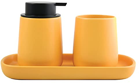MSV Set de Salle de Bain 3 pièces en céramique Maonie Distributeur de Savon Porte-Bijoux et gobelet Jaune Safran