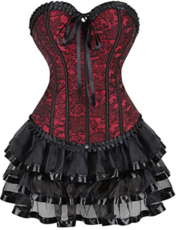 Grebrafan Burlesque Renaissance Corset Bustier with Multi Layer lace Skirt (UK(6-8) S, Red)