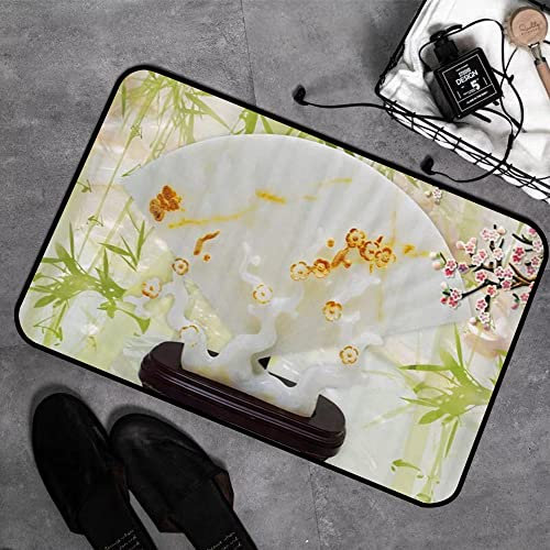 Memory Foam Badezimmer- 40 x 60 cm,Luxus-Dekoration Pflaume Bambus chinesische grüne Blätter weißen Hintergrund,Badteppich Saugfähige Rutschfester Badvorleger Waschbar Badematte