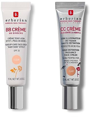 Erborian BB Crème Ginseng - 5-en-1 coréen SPF 20 Clair 15ml + Erborian CC Crème Centella Asiatica - Teint et Soin Illuminateur - SPF 25 Clair 15ml.