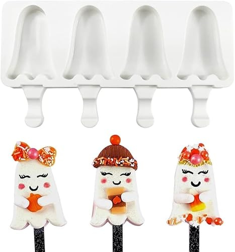 1 Pack Halloween Cute Ghost Shape Popsicle Molds Silicone Ice Pop Molds 4 Cavities Popsicle Molds for Kids Adults Ice Cream Mold Cakesicles Mould DIY Popsicle Maker Homemade Popsicle Silicone Molds B