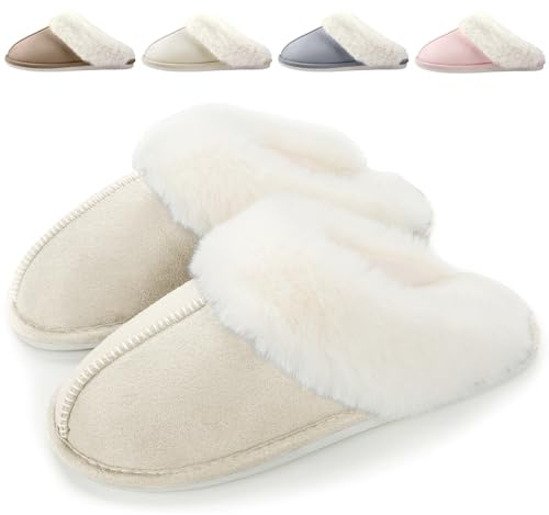 HILAX Pantoufles Femme Homme Hiver Chausson Maison Confort Chaud Slippers Cuir Peluche Mules Fourrure Intérieur Antidérapant Chaussures pour la Maison, Beige, EU 42/43