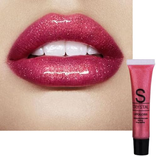 Rose Red Glitter Lip Gloss Shimmering Lipgloss, Moisturizing Metallic Shiny Lipstick Non-sticky Plumping up High Gloss Rose Pink Lip Stain, Gift for Women