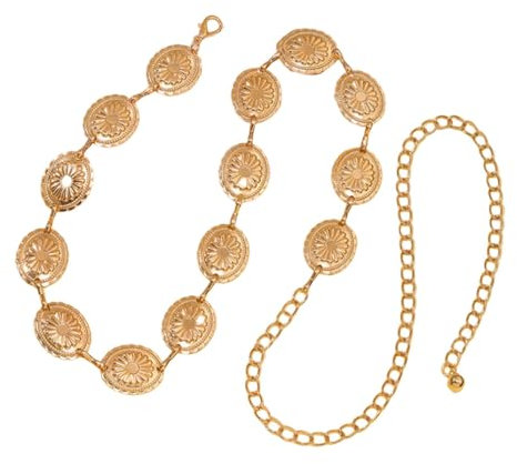 Waist Chain Belts Apparel Belt, Hollow Out Daisy Chain Belt, Metal Concho Womens Chain Belts Adjustable Boho Metal Belts for Women Girls Outfit Dresses Jeans Cowgirl Ornaments(Gold)