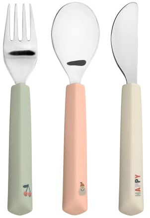 LÄSSIG Set di posate per bambini 3 pezzi forchetta, cucchiaio, coltello in acciaio inox con manico in silicone/Cutlery with Silicone Handle Happy Fruits Cherry