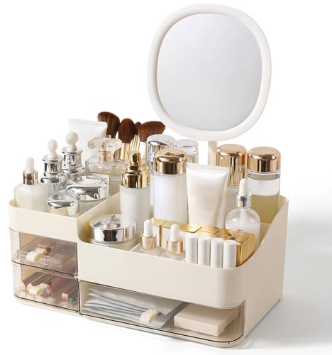 DASITON Organizer Trucchi con Specchio e 3 Cassetti, Porta Trucchi Organizer da Bagno, Porta Pennelli Make Up Organizzatore Trucchi, Organizer Cosmetici per Toeletta, Bagno, Camera da Letto (Crema)