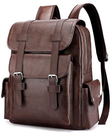 LSDZHK Backpack, Large capacity soft pu quality bag leisure schoolbag computer travel (Dark Brown)
