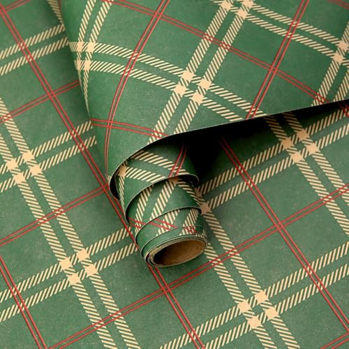 Carta da regalo semplice e festosa con motivo scozzese verde smeraldo e rosso, 1 mini rotolo da 43 x 300 cm per rotolo, lussuosa carta da regalo a quadri, per compleanni, vacanze, uomini e donne
