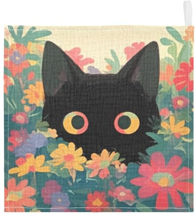 GuoChe Confezione da 5 panni in mussola con gatto nero e fiori, unisex, 100% cotone, per bambini e ragazze