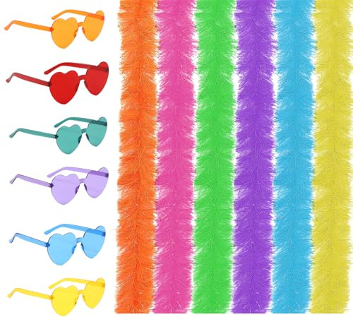 SSKHE Lot de 12 Boas en Plumes La Plume Colorées Clapet 6.6ft avec Lunettes de Soleil Sans Cadre - Boa Plume pour Femme Cosplay, Halloween, Danse et Fêtes