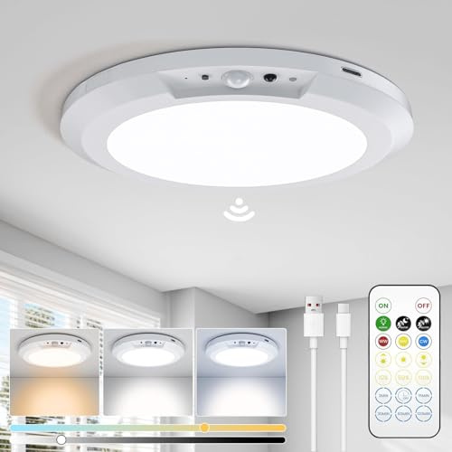 Rechargeable LED Ceiling Light - 10000mAh Battery Operated Bathroom Light with Remote 3 Colour Temperatures, Motion Sensor, Magnetic Mount, Wireless Indoor Ceiling Lamp for Garage Hallway Shed Stair