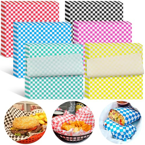 Ninsula Deli Paper Sheets 126P, 11.5x11.5 In Checkered Sandwich Paper Wraps, 6 Colors Basket Liners For Food Serving, Grease Resistant Burger Wrappers for BBQ, Picnic, Party