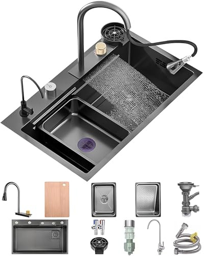 OMGMTSTORE Lavello Cucina 1 vasca 85 x 50 cm,Lavandino Cucina in acciaio inox,Lavello Cucina Antracite Nero,Grande Lavandino Cucina multifunzione con rubinetto,Lavello Mobile,Tagliere,Dispenser Sapone