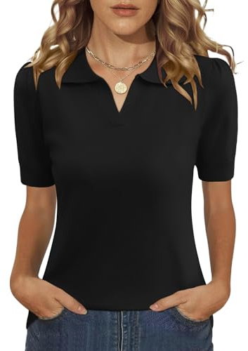 LOMON Polo Shirts for Women V Neck Short Sleeve Sweater Fall Outfits Work Blouse Dressy Causal Spring Business Tops Teacher Outfis(Black,X-Large)