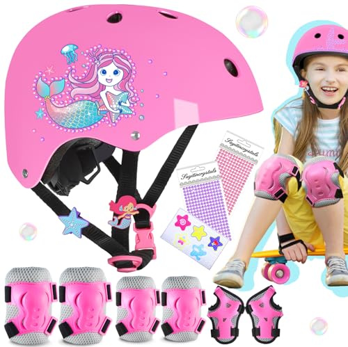 Sirenita Casco para Niñas Casco Bici Niño Ajustable Equipo de Protección Infantil con Casco Rodilleras Coderas y Muñequeras para Ciclismo Patines Scooter Bicicleta Patinaje